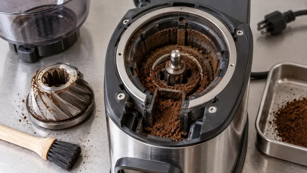 Jammed Breville Barista Express grinder chamber with compacted coffee grounds