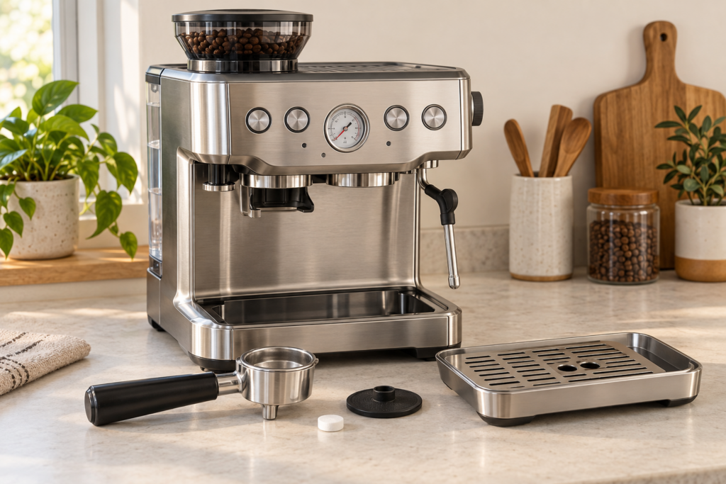 Espresso machine with portafilter, cleaning disc, tablet and removable drip tray prepared for a cleaning cycle