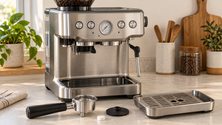 Espresso machine with portafilter, cleaning disc, tablet and removable drip tray prepared for a cleaning cycle