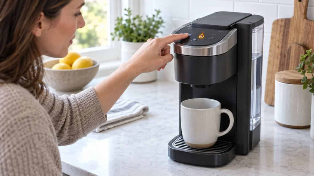 Representative pod coffee maker with a lit warning symbol and a cup.