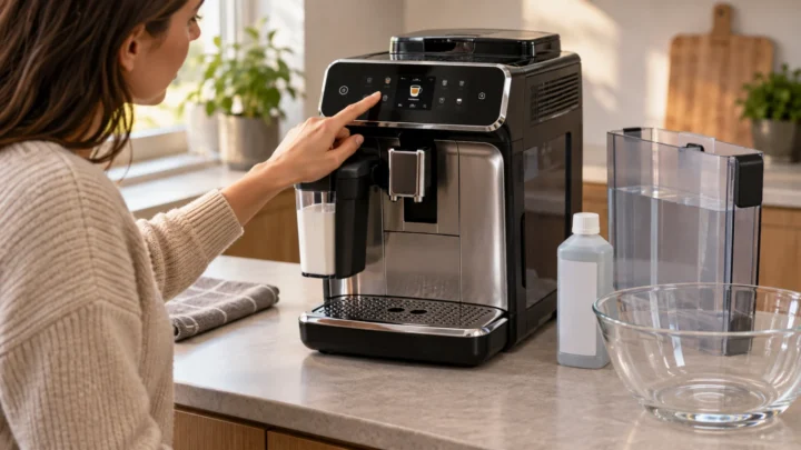 Representative automatic espresso machine with a water tank and maintenance supplies.