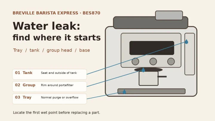 Schematic illustration of Barista Express BES870 leak locations: tank, portafilter rim and drip tray