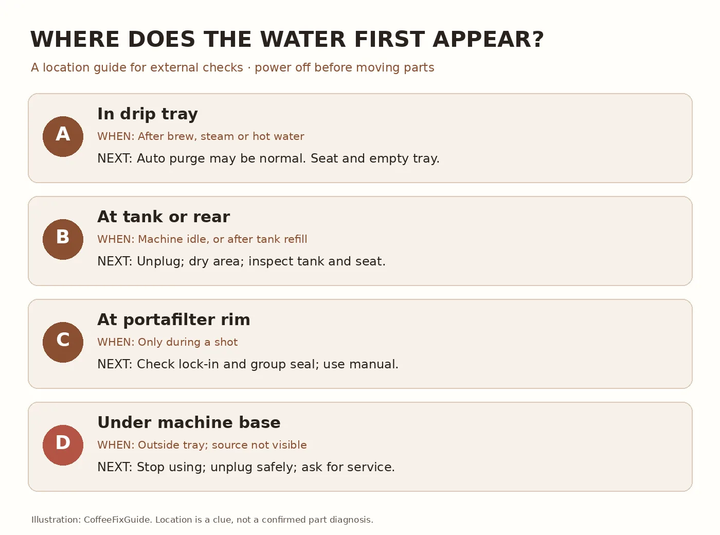 Decision chart for Barista Express BES870 water leaks: drip tray, water tank, portafilter rim and machine base each lead to a different safe next check
