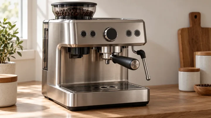 Illustrative stainless home espresso machine with integrated grinder and unlit control panel; not an exact BES870 product photograph