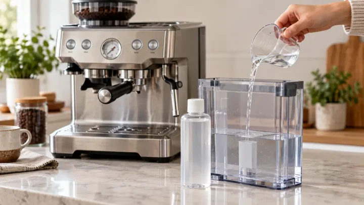 Liquid poured from a clear jug into a detached reservoir beside a representative espresso machine.