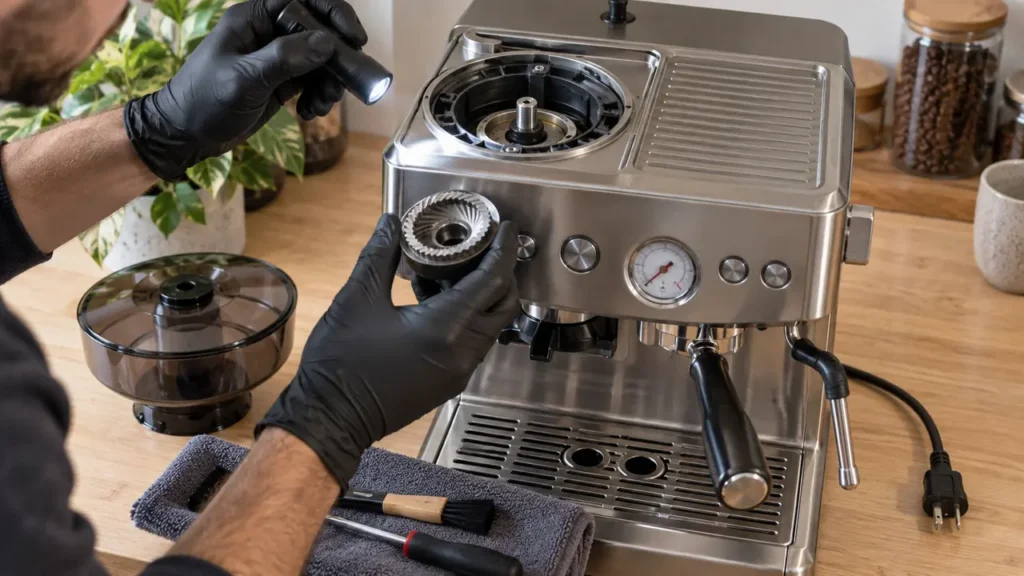 Breville Barista Express grinder repair with the upper burr removed for inspection