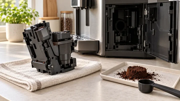 Illustration of a removable coffee brew group on a towel beside an espresso machine service door