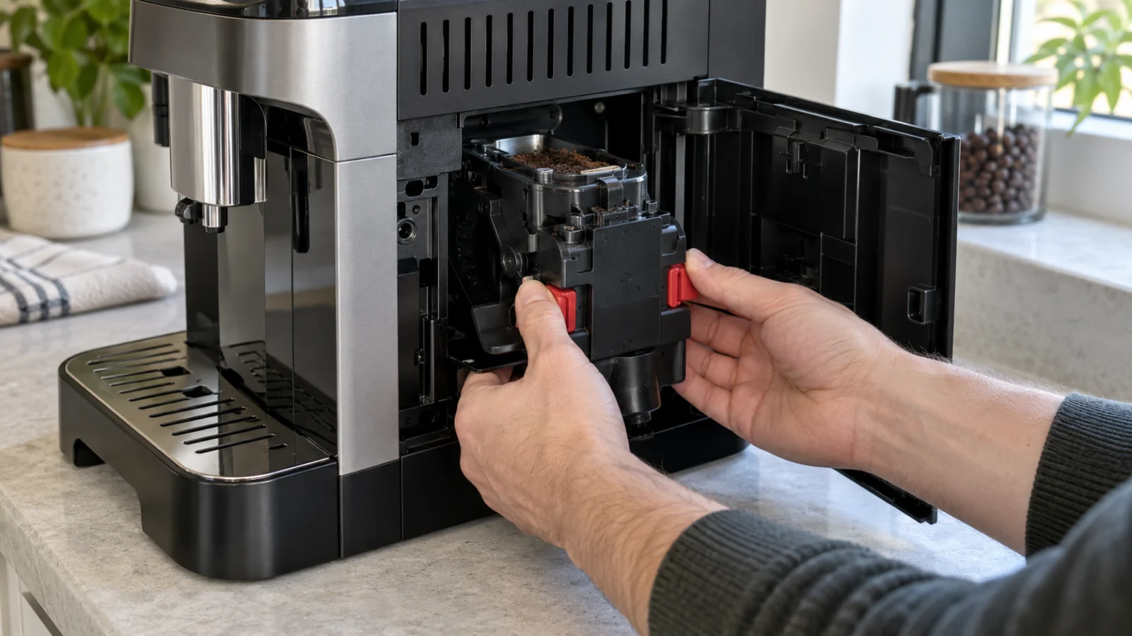 Pressing both red release tabs to remove the DeLonghi Magnifica Evo brew group