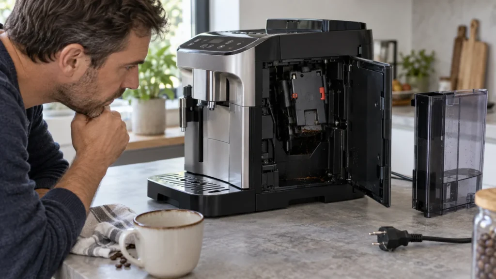 DeLonghi Magnifica Evo brew group stuck behind the open service door