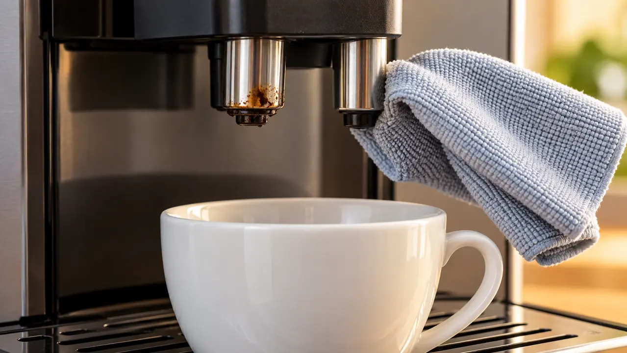 Illustration of cleaning coffee residue from automatic espresso machine spout tips with a soft cloth