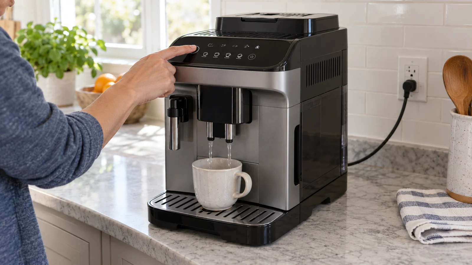 DeLonghi Magnifica Evo completing its shutdown rinse before brew group removal