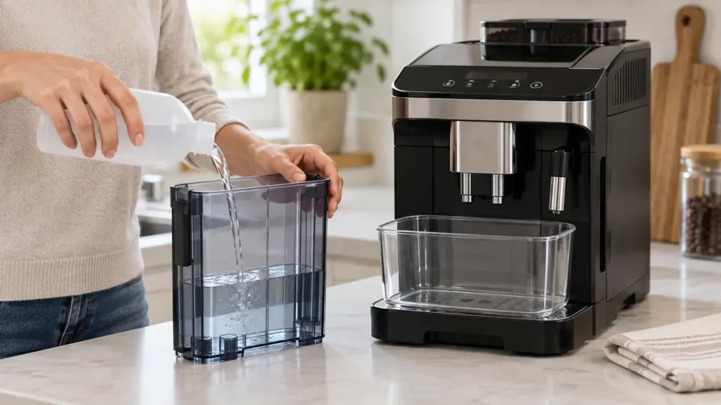 Descaling a DeLonghi Magnifica Evo by adding descaling solution to the water tank