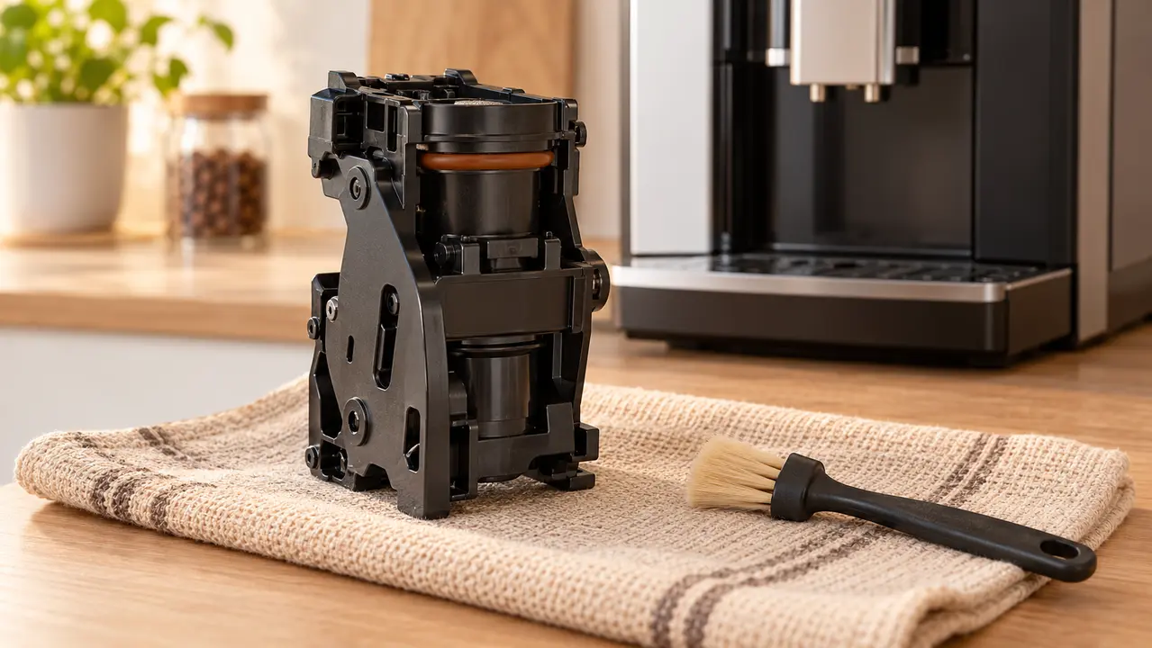 Illustration of a removable espresso machine infuser on a towel beside a soft cleaning brush