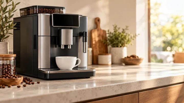 Illustrative automatic espresso machine with an empty cup under the coffee spouts