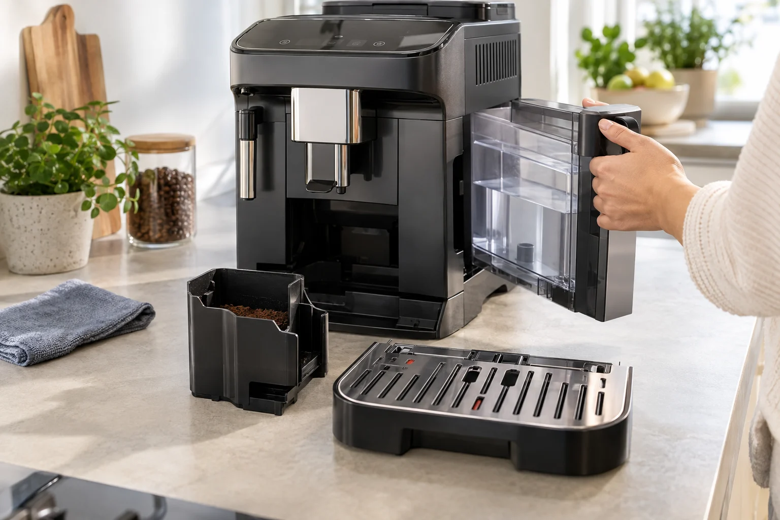 Reseating the water tank, drip tray and grounds container on a De’Longhi Magnifica Evo