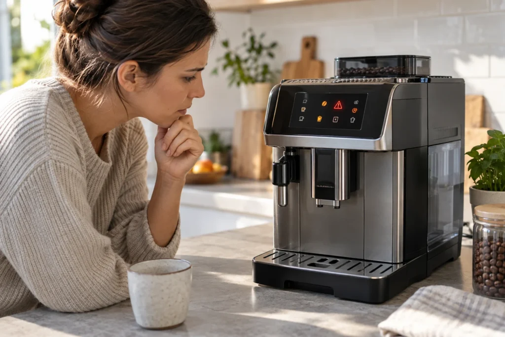 Owner checking warning lights on a De’Longhi Magnifica Evo coffee machine