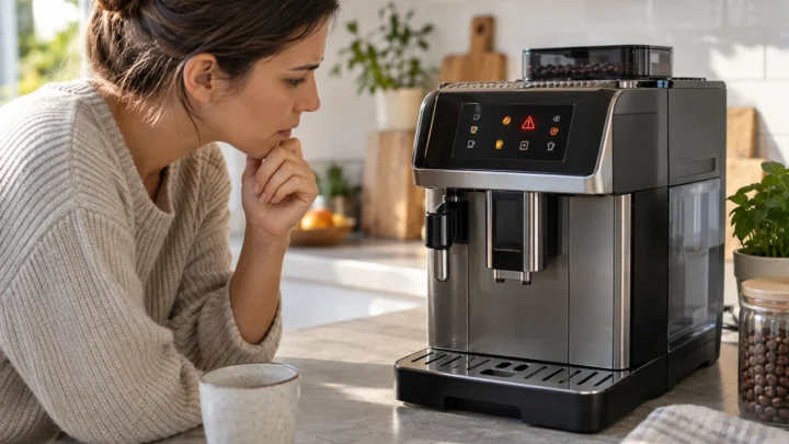 Owner checking warning lights on a De’Longhi Magnifica Evo coffee machine
