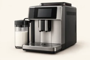 Illustration of a fully automatic espresso machine with a milk container, representing the Saeco Xelsis family
