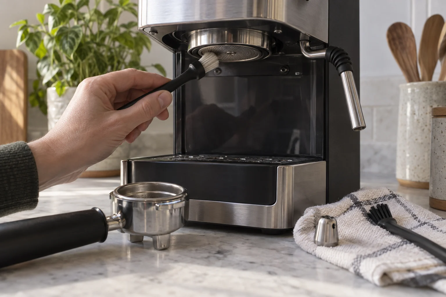 Cleaning the Gaggia Classic Pro shower screen with a group-head brush