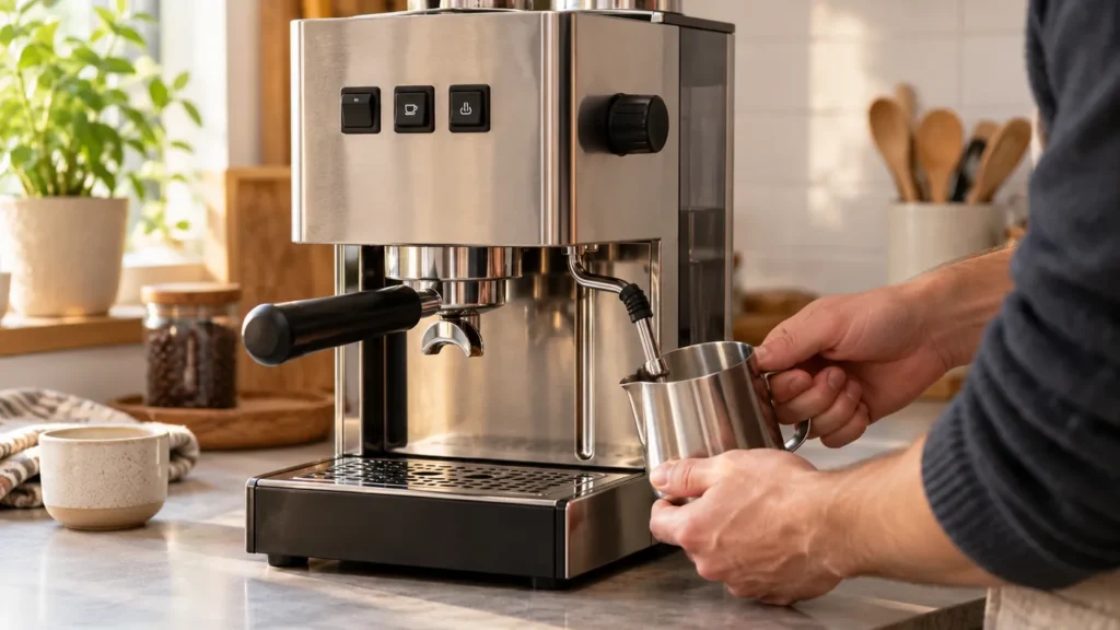 Manual espresso machine with an owner checking the steam wand and empty milk pitcher