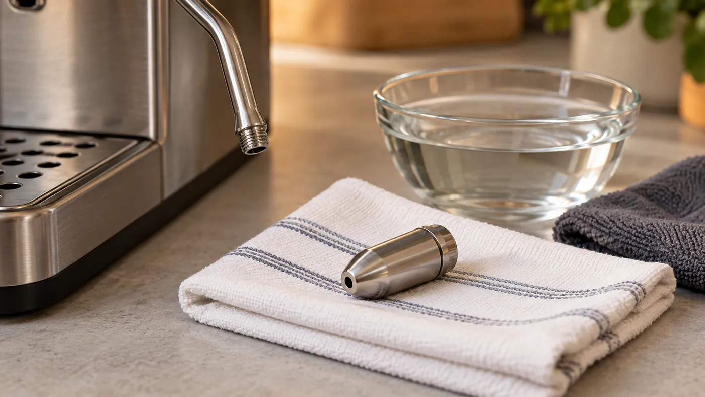 Cooled manual espresso machine steam wand with removable nozzle on a cloth beside a bowl of water