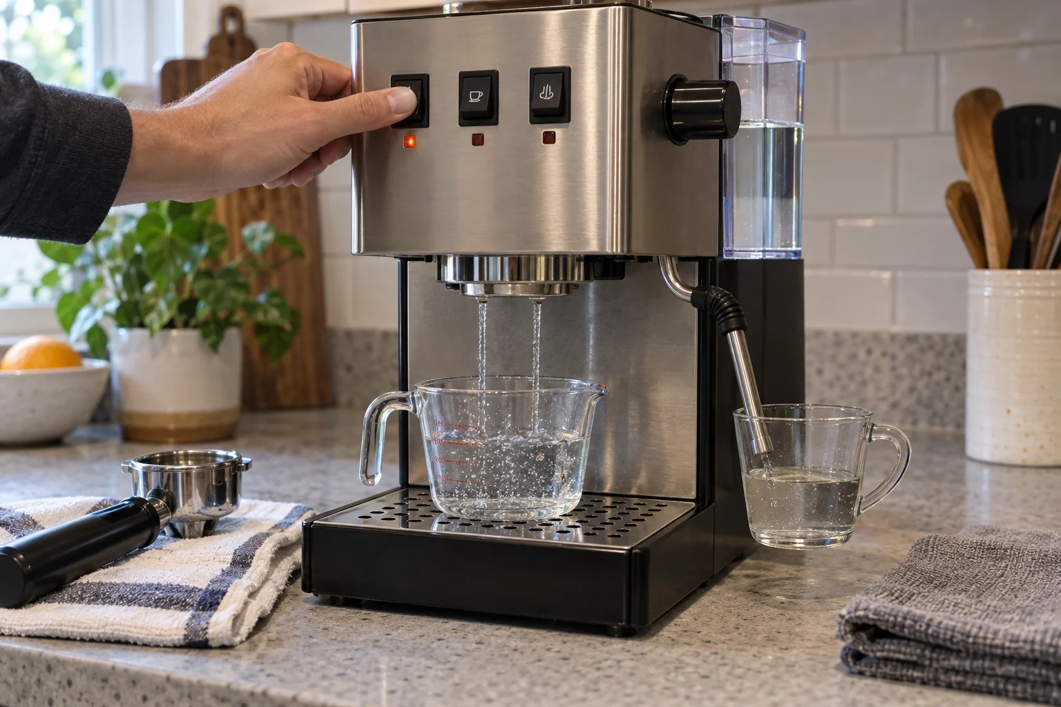 Testing water flow from a Gaggia Classic Pro group head and steam wand