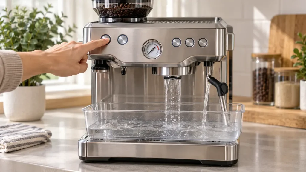 Breville Barista Express BES870 running a descaling cycle into a collection container