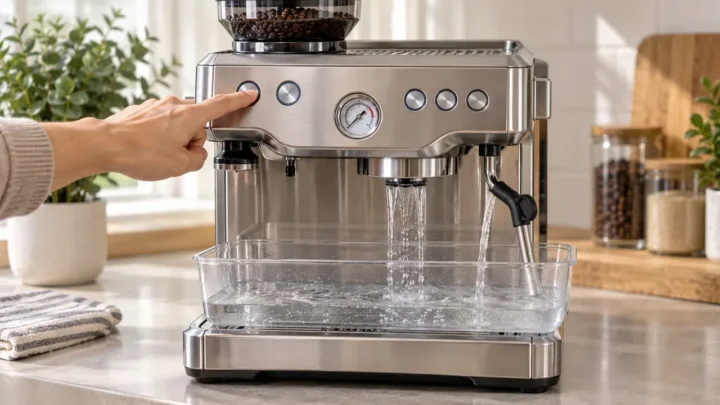 Breville Barista Express BES870 running a descaling cycle into a collection container