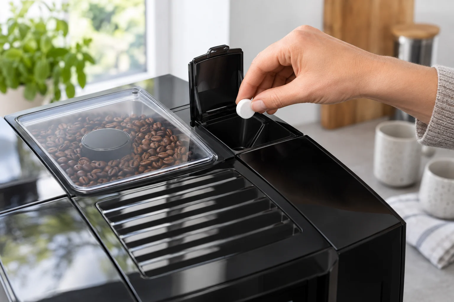 Adding one cleaning tablet to the JURA E8 ground-coffee filler funnel