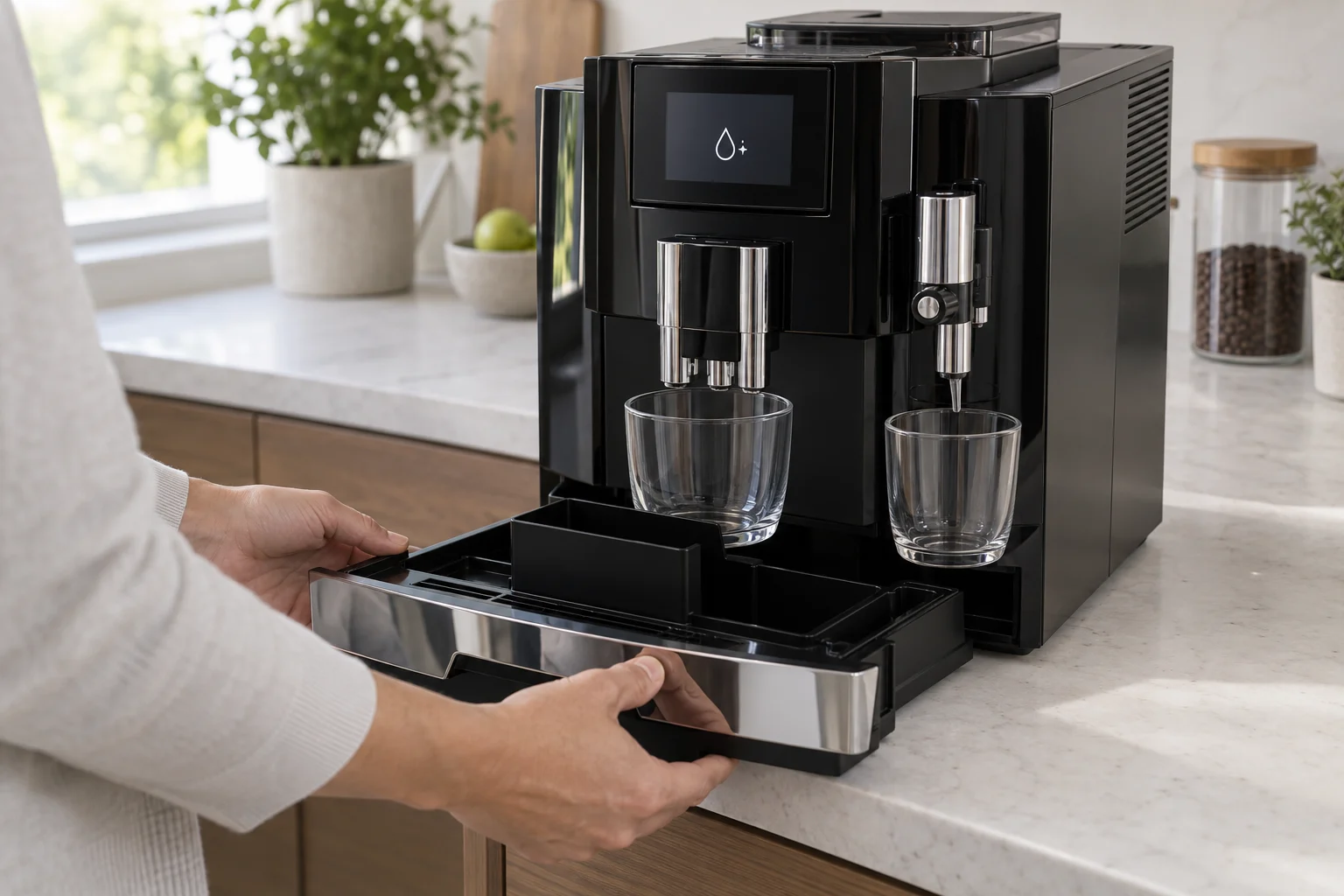 JURA E8 cleaning-cycle setup with empty tray and receptacles under both outlets