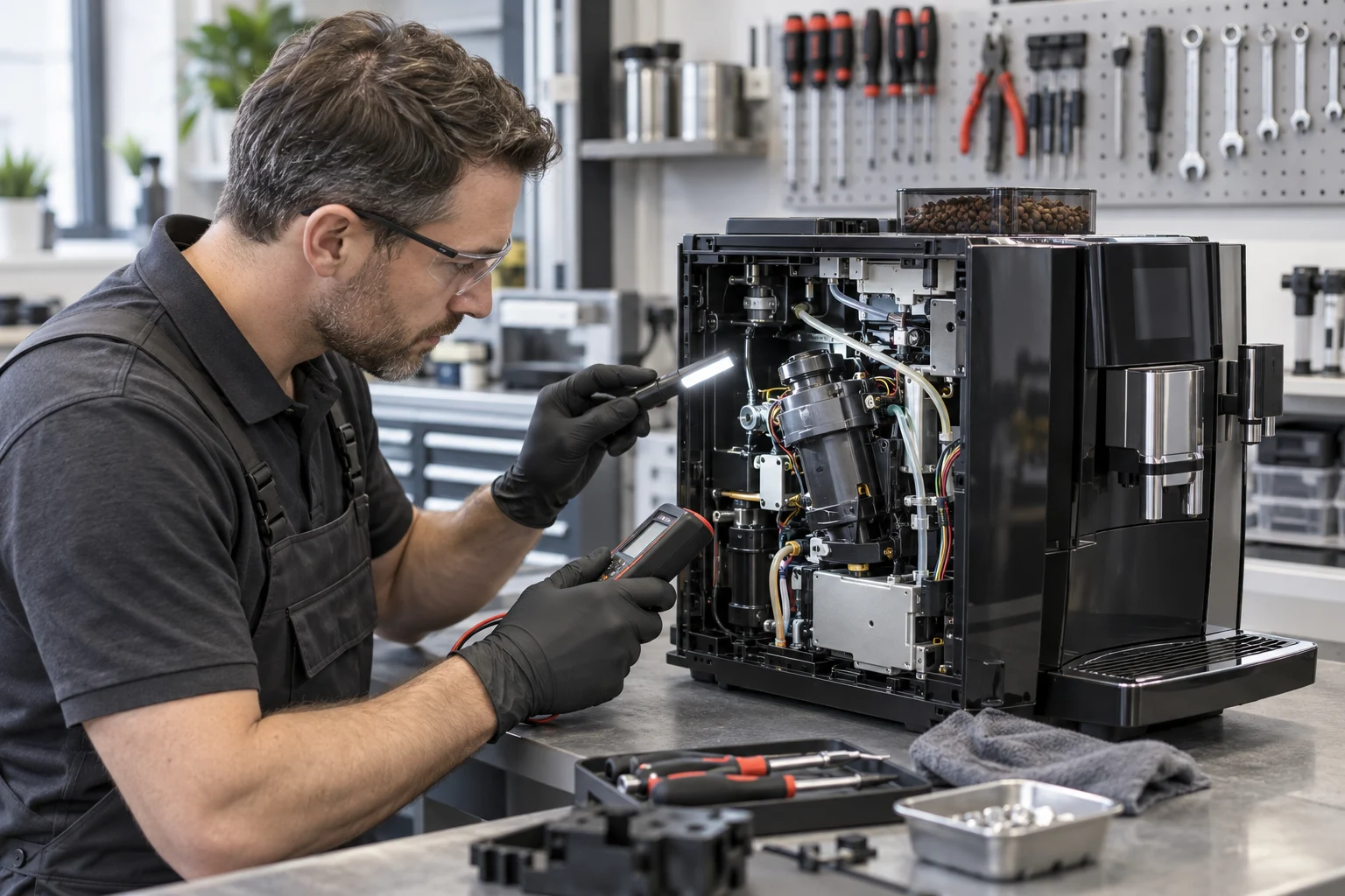 Professional JURA E8 Error 8 repair Qualified technician diagnosing a JURA E8 internal mechanism after Error 8