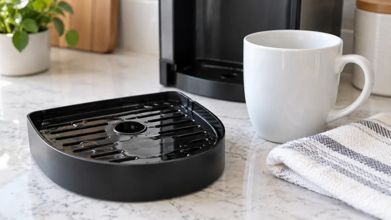 Removable drip tray with a small amount of water beside a ceramic mug