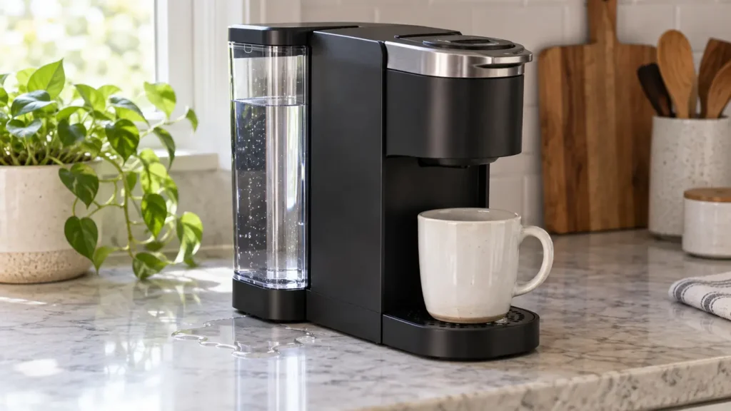 Unbranded single-serve coffee brewer with water pooling beside its removable reservoir