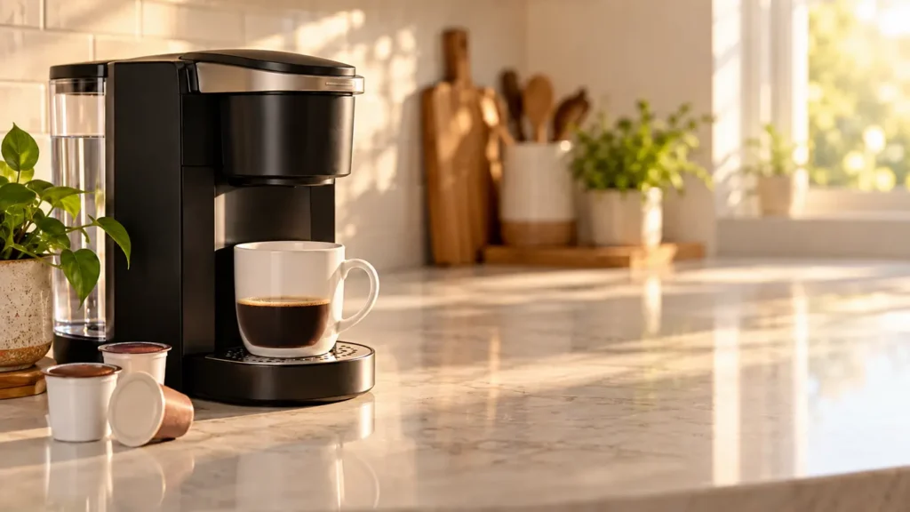 Illustrative pod coffee brewer with a partially filled mug