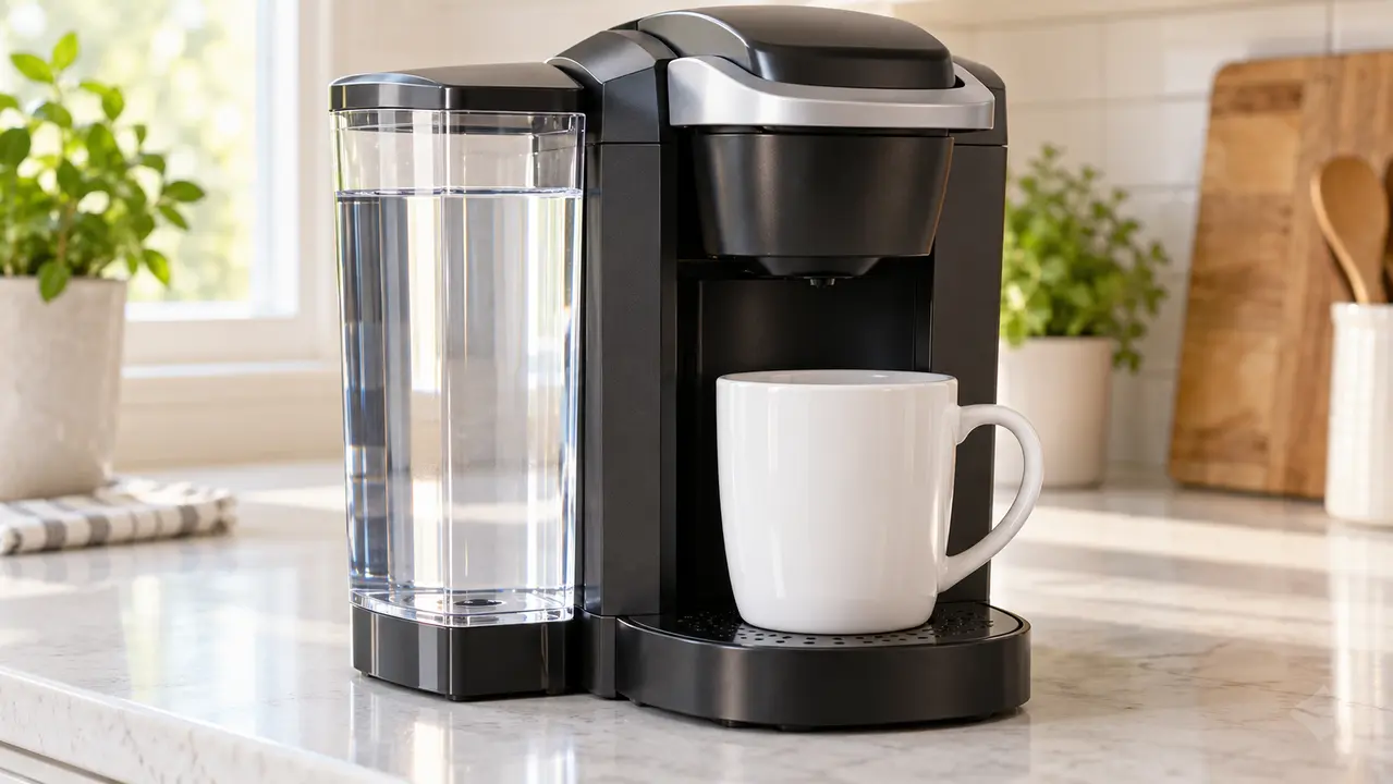 Illustration of a seated K-Supreme-style reservoir and a mug for a pod-free cleansing brew