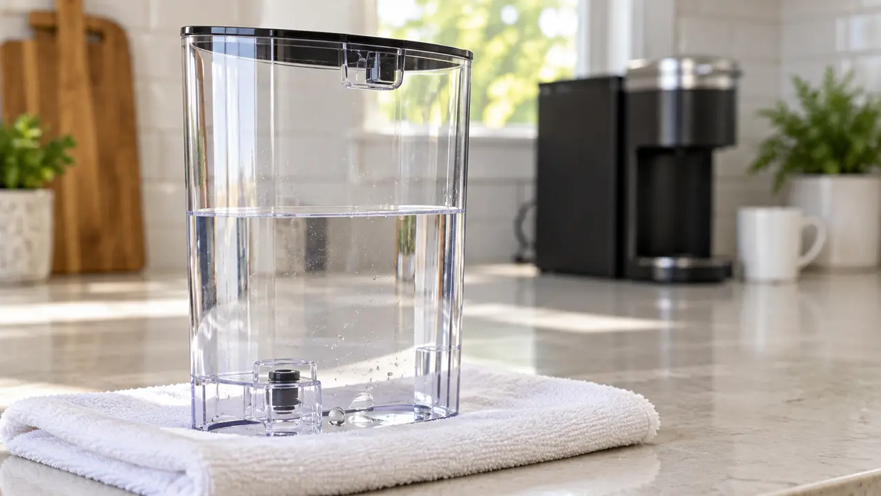 Detached water reservoir standing on a towel to check whether it leaks by itself