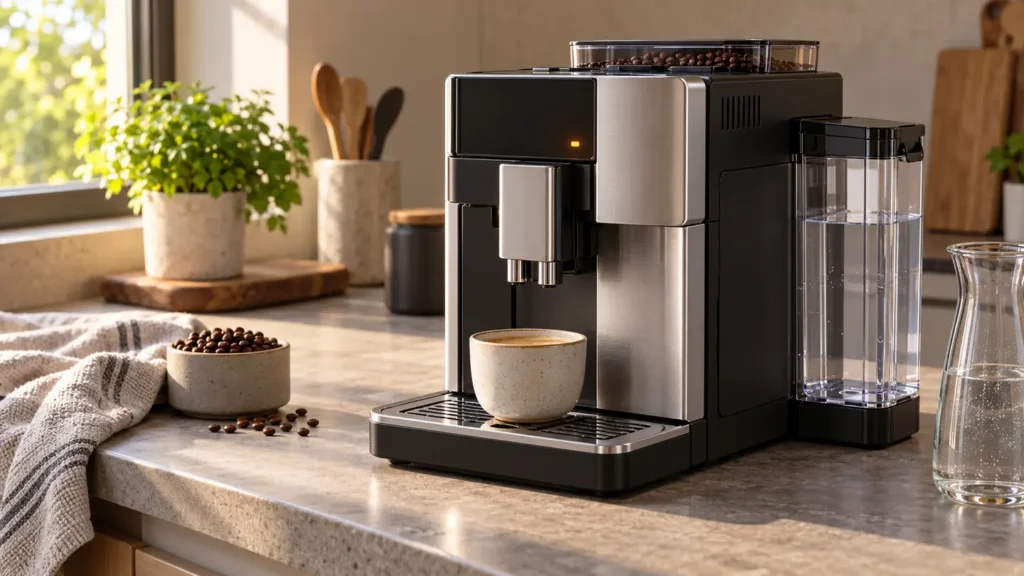 Illustrative unbranded automatic espresso machine with water tank and amber status light on a kitchen counter