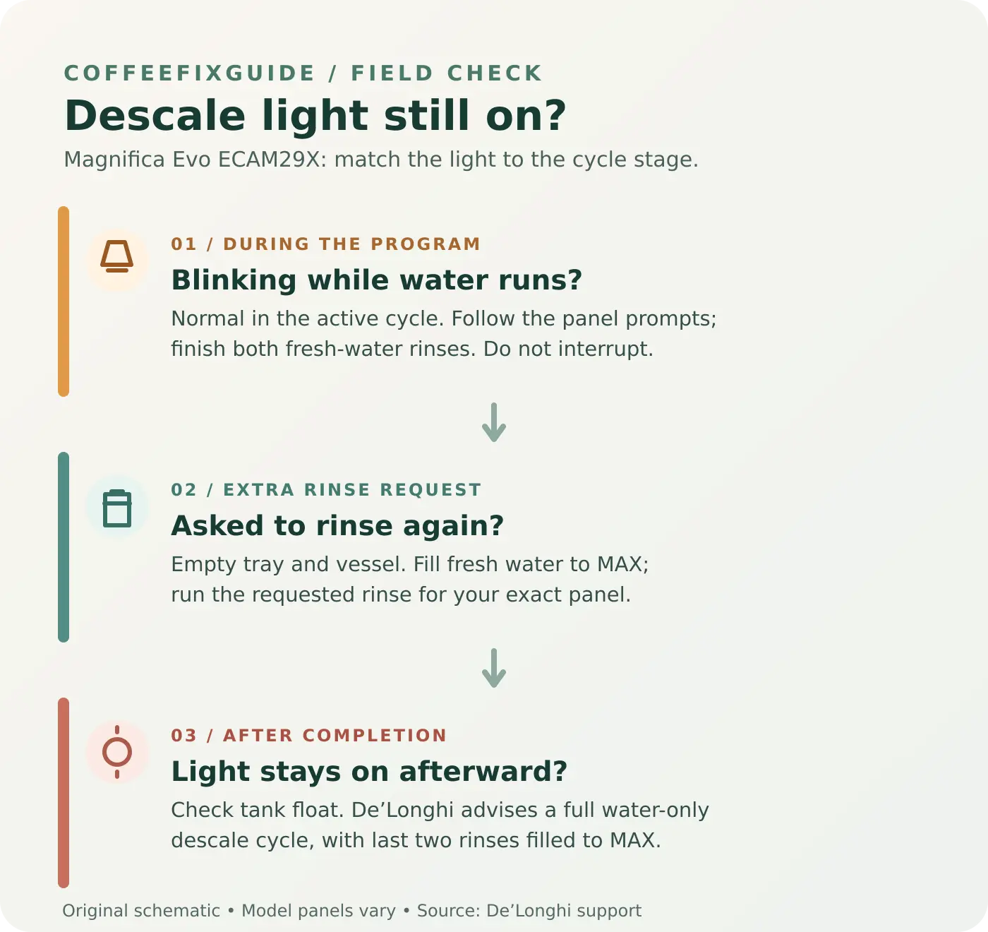Magnifica Evo descale light guide: blinking in cycle means finish rinses; an extra rinse needs a MAX-filled tank; a light after completion calls for tank-float check and complete water-only cycle