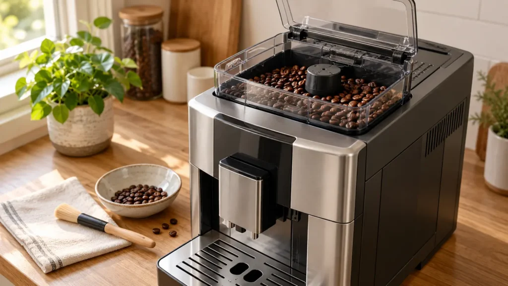 Illustrative unbranded automatic coffee machine with open bean hopper, coffee beans, and a small cleaning brush