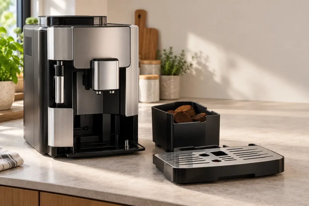 Generic automatic coffee machine with removed drip tray and grounds container containing spent coffee pucks