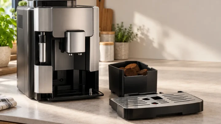 Generic automatic coffee machine with removed drip tray and grounds container containing spent coffee pucks