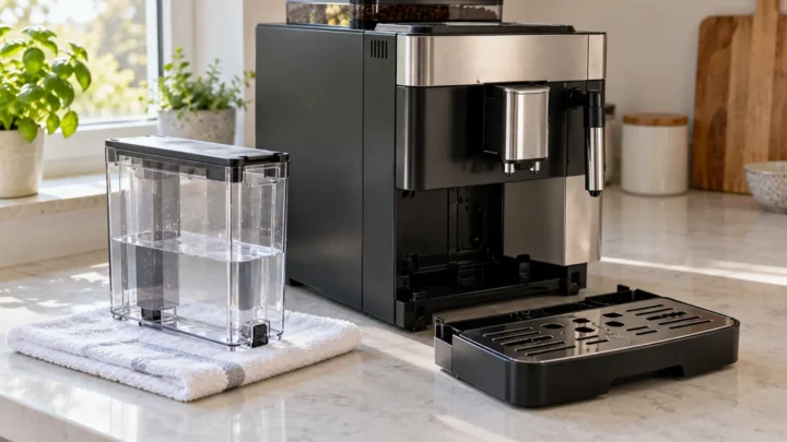Illustrative unbranded automatic espresso machine with its water tank and drip tray removed for an external leak check