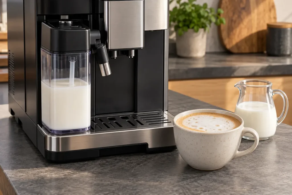 Generic automatic espresso machine with milk carafe and a cappuccino showing thin milk foam