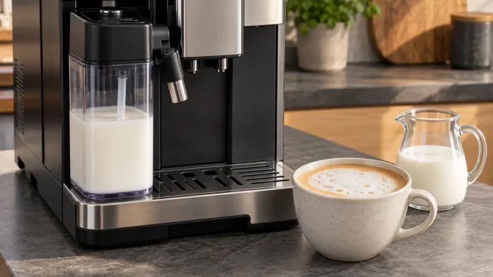 Generic automatic espresso machine with milk carafe and a cappuccino showing thin milk foam
