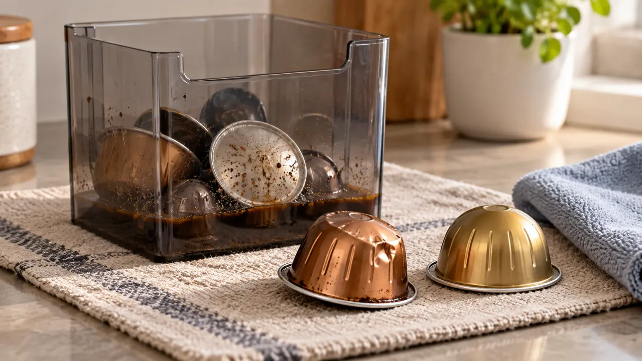 Used-capsule container beside a fresh intact capsule and a damaged capsule