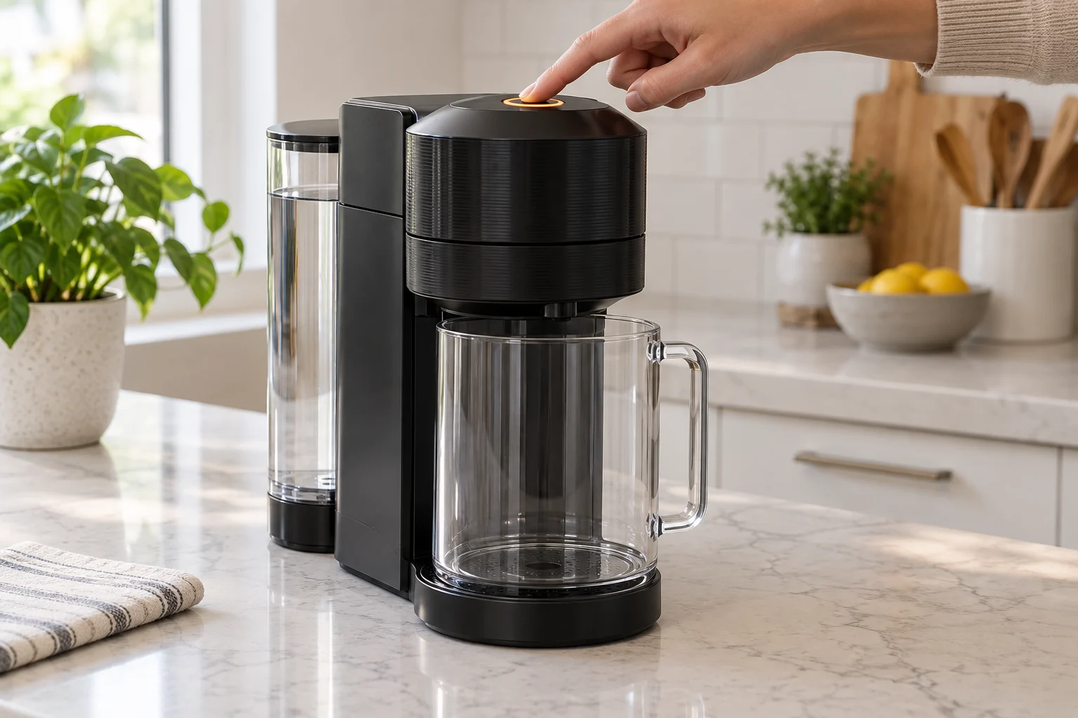 Running a controlled rinse on a Nespresso Vertuo Next with a full tank and no capsule
