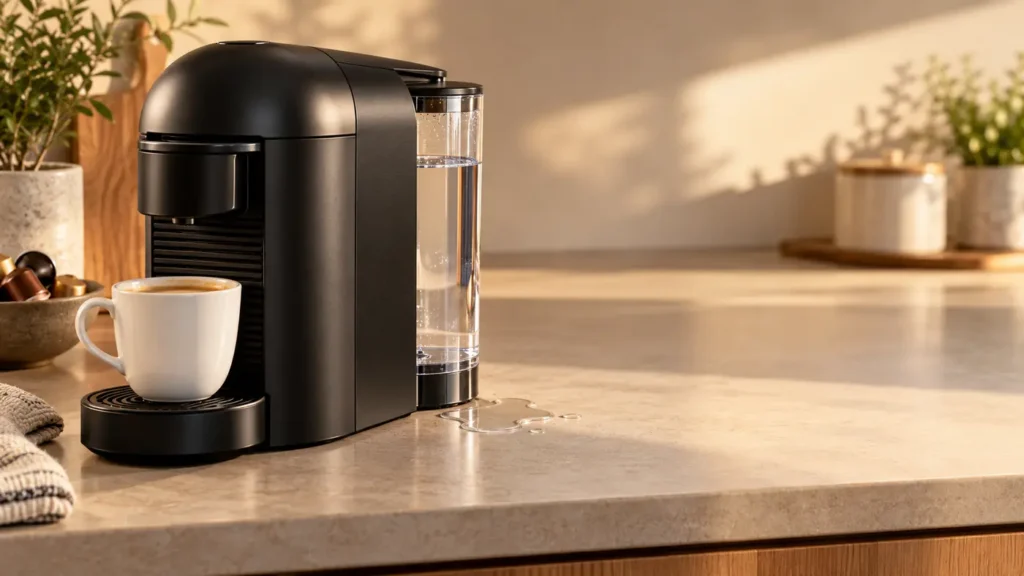 Illustration of a capsule coffee machine with water pooling near its removable water tank