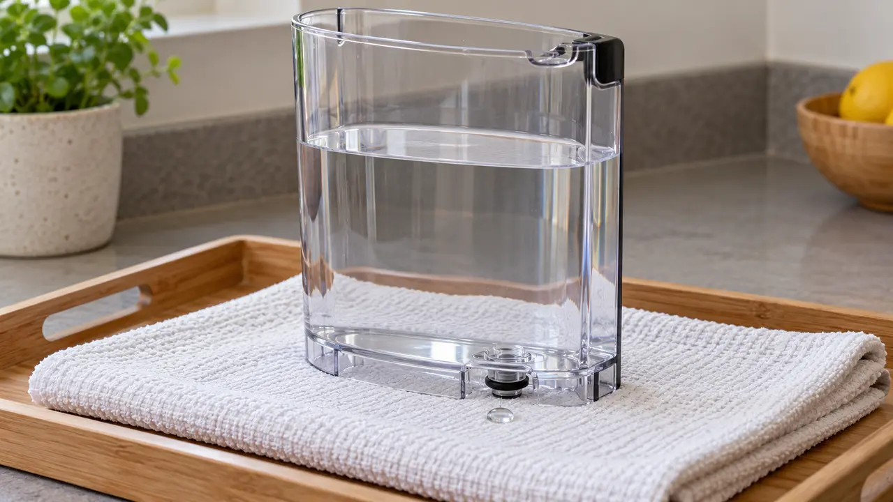 A removable water tank on a towel during a leak check