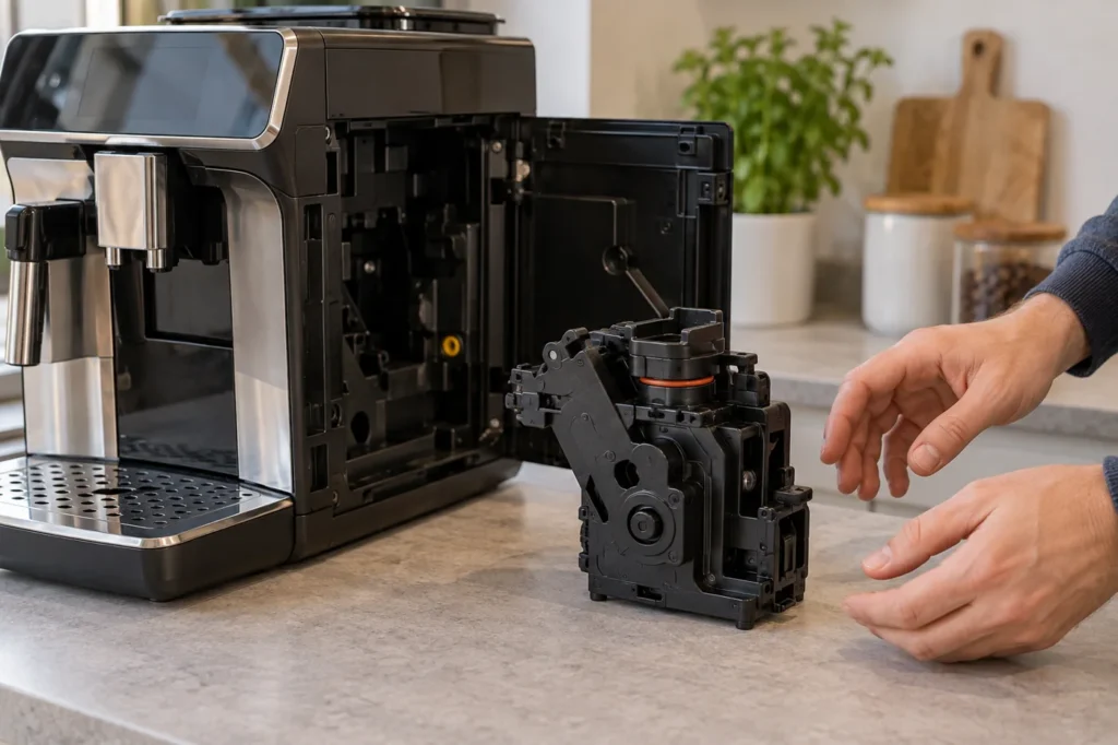 Illustrative automatic espresso machine with open service door and a separate removable brew group on counter