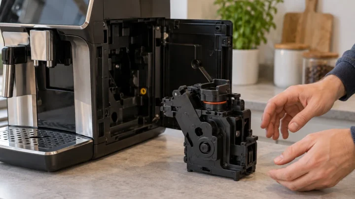 Illustrative automatic espresso machine with open service door and a separate removable brew group on counter